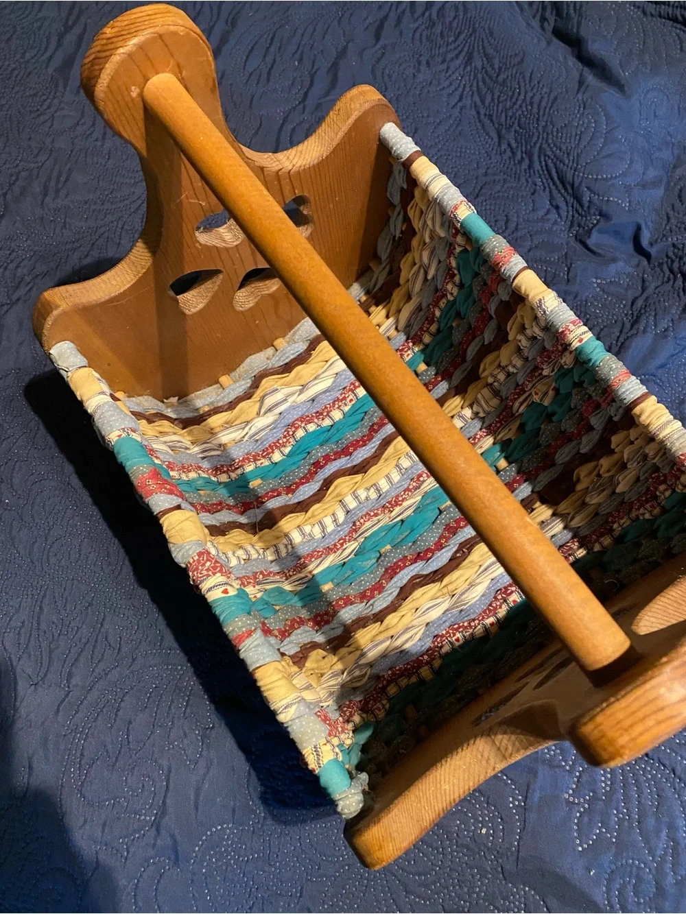 Vintage Handmade Wooden Rag Basket Magazine Rack Heart Cutouts Farmhouse